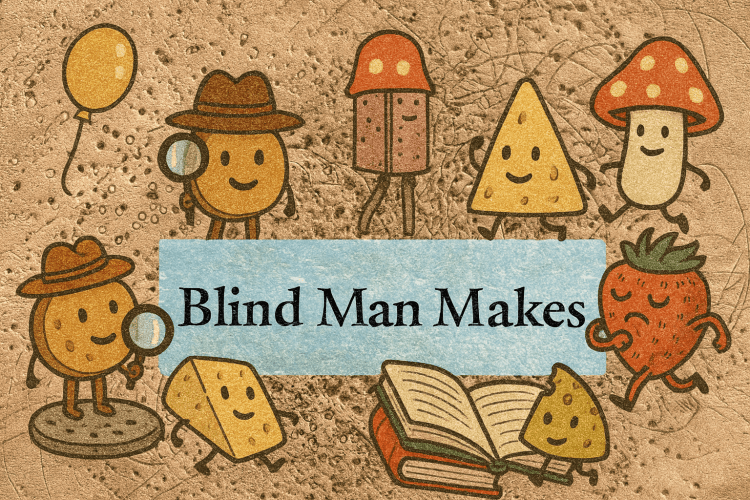 Blind Man Makes cover image - a background of pitted wood with the text "Blind Man Makes" in a pale blue banner, with various mushroom, cheese and fruit characters surrounding it.
