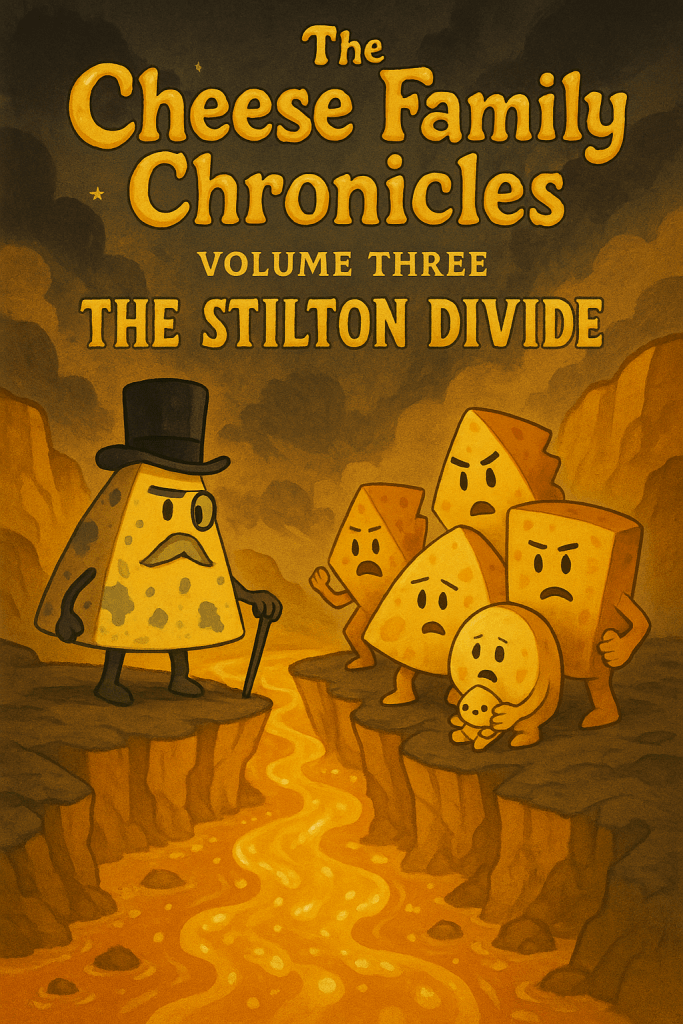 A river of cheese sauce flowing between two cliffs - on one side stands a cartoon anthropomorphic wedge of stilton wearing a monocle, a top hat and carrying a cane. On the other a group of humanoid cheese wedges stand, looking upset. 
Text at the top pf the image reads "The Cheese Family Chronicles, Volume Three, The Stilton Divide."