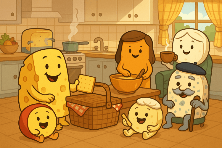 A family of cartoon cheese beings in s warm kitchen setting.