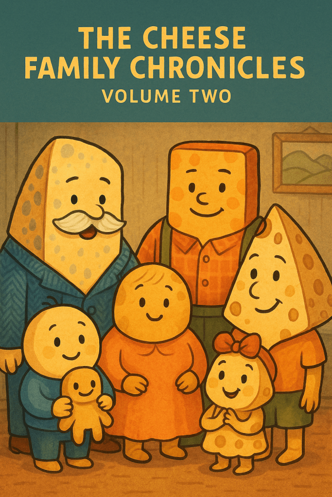 A family of cartoon cheese characters, humanoid and happy looking, standing in their front room for a family portrait. 