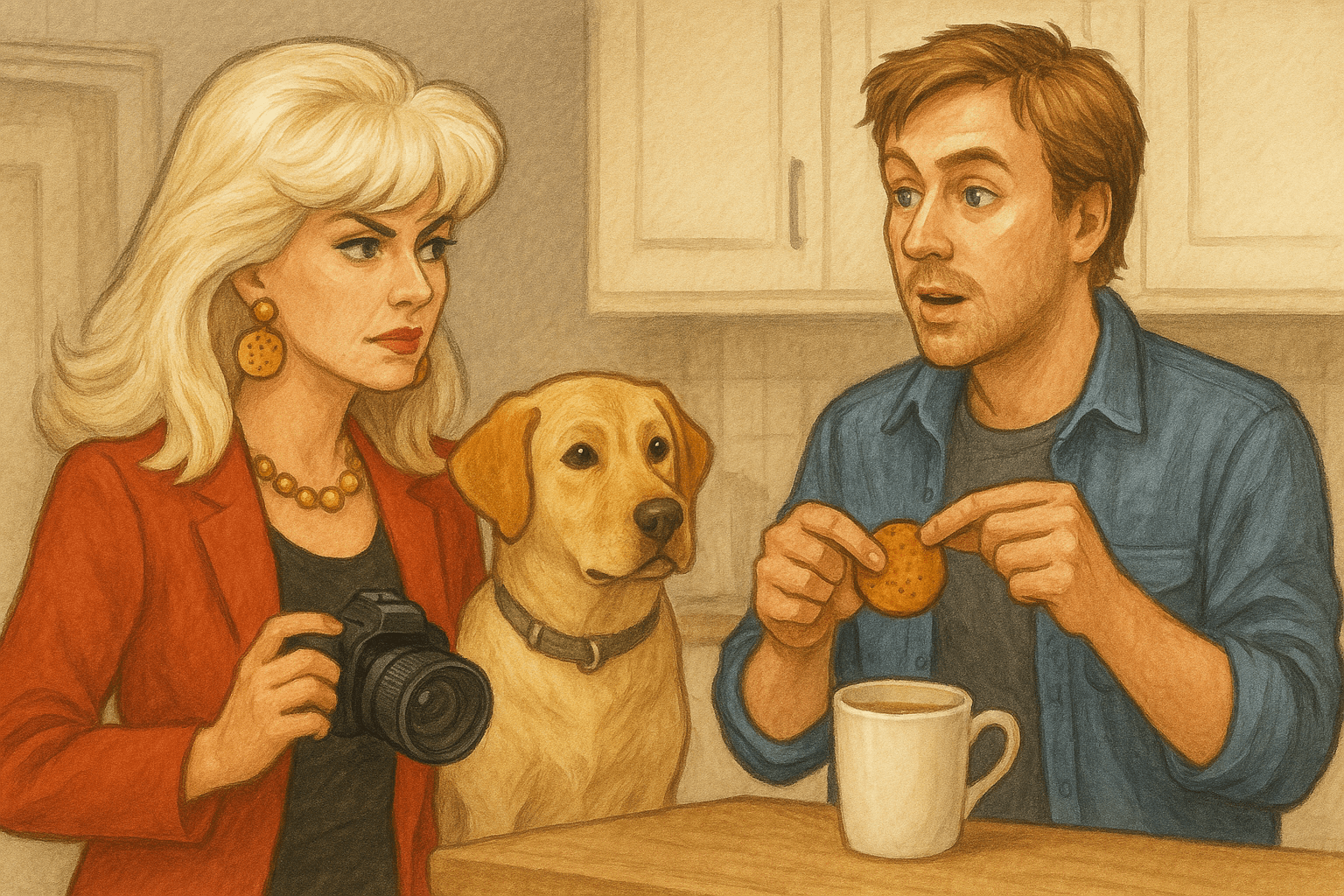A blonde woman with a camera, a yellow dog, and a man dunking a biscuit into a cup of tea sit at a table.
