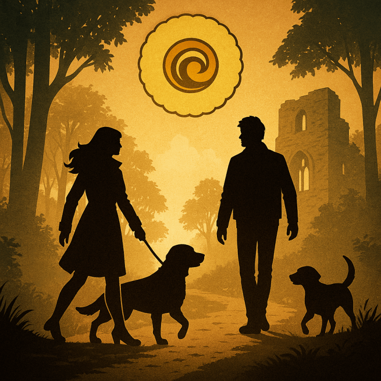 A silhouette image of a woman with a large dog on a lead, and a man with a smaller dog beside him, walking in a gold toned forest. A swirling biscuit hangs in the sky above them. 
