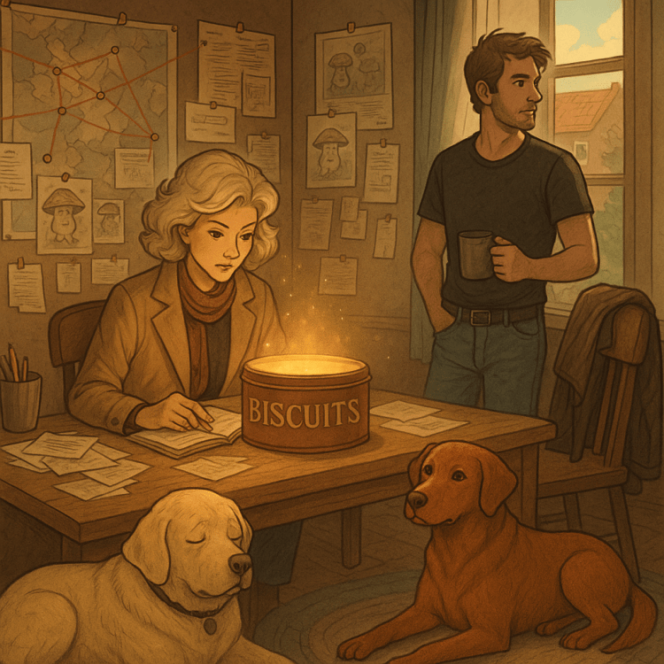 A blonde woman sits at a desk, with a yellow dog and a fox red dog on the floor in front of it. A man stands with his back to a window, with a cup of tea in his hand.