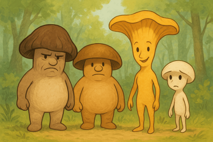 Four humanoid yet mushroom like character standing in a row in a forest setting. Portobello, Shiitake, Chanterelle, and Button.