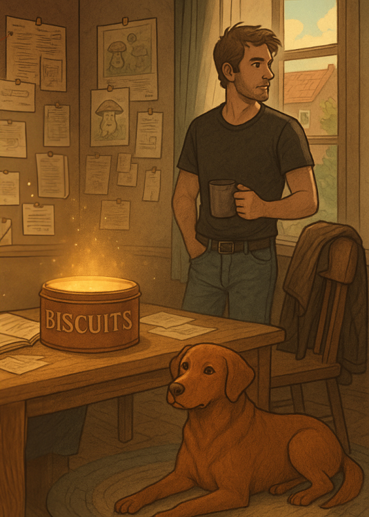 Sir Dunkalot standing in front of a window, with a mug of tea in his hand. He wears blue jeans and a black t shirt. A fox red dog lays on the floor next to him. 
