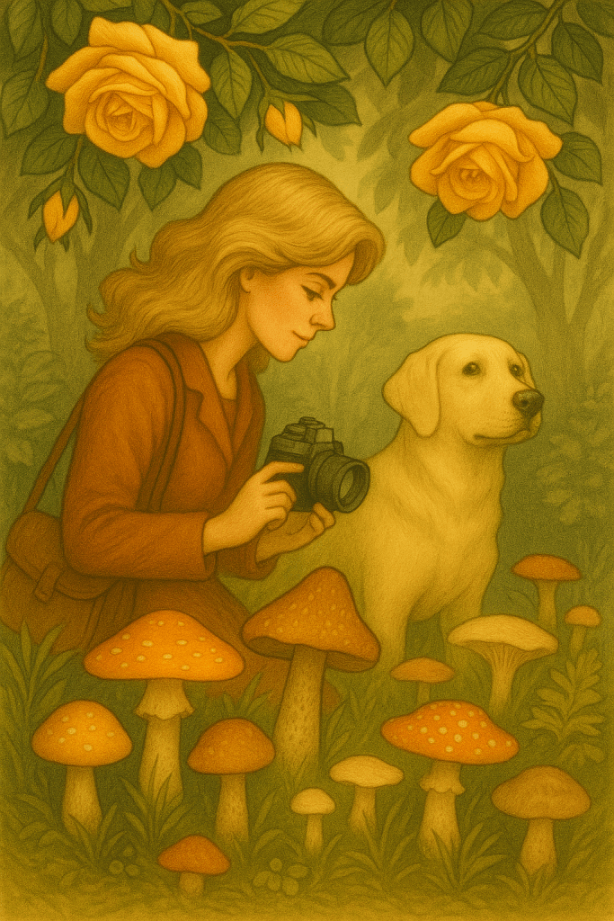 Lady Biscotti wirh her camera,  and Biggie dog, sitting in patch of fungi, with yellow roses above their heads. 
