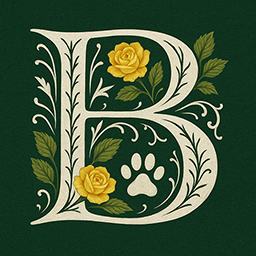 Decorative white capital letter B on a dark green background, entwined with yellow roses and leaves, with a small paw print in the lower loop.