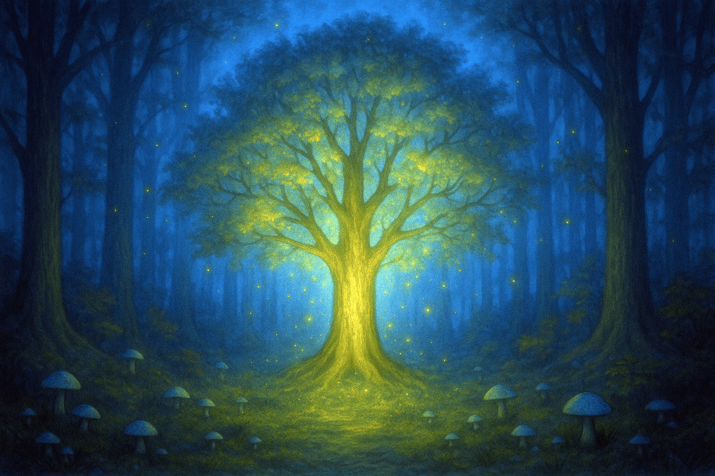 A tall proud tree stands in the centre of a clearing, glowing with magical gold and blue light