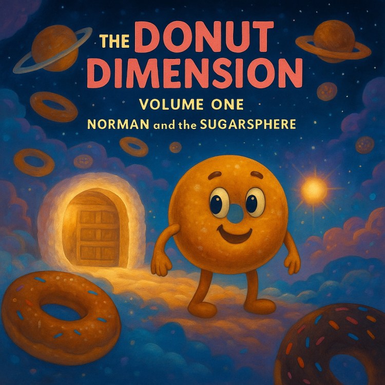 In the foreground of a cartoon space scene floats Norman, a plain golden-brown ring donut with a light dusting of sugar.