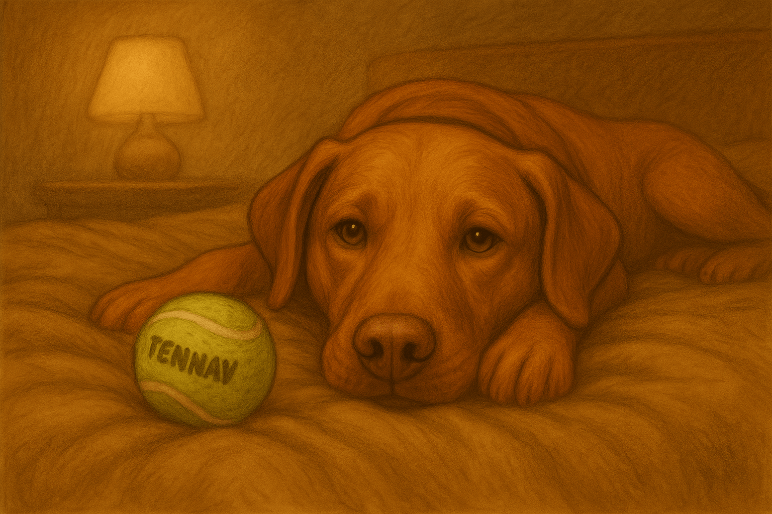 A storybook style illustration of a fox red labrador laying on a bed, with a tennis ball next to him, looking "sorry. not sorry."
