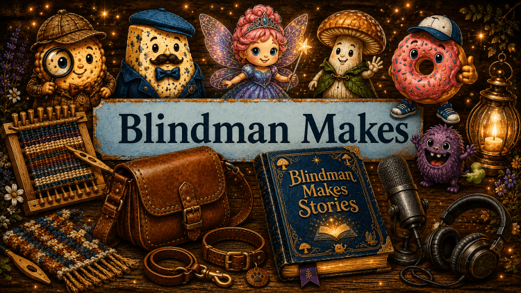 Blindman Makes artwork featuring weaving and leathercraft, a storybook and podcast microphone, with characters from its story worlds.