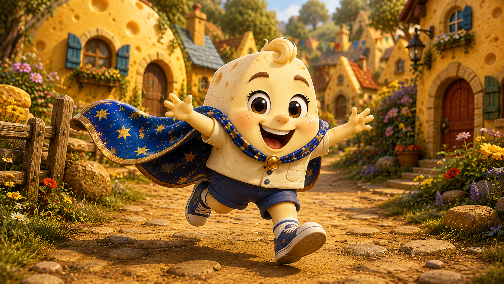 Mini Mozzarella running through the village in his blue and gold adventure cape
