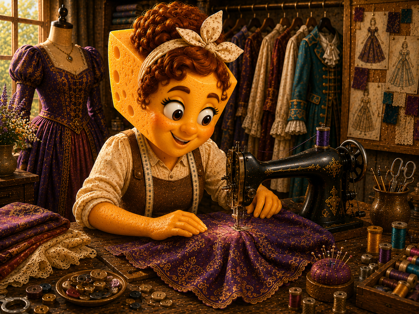 Clarabelle Cheddar sewing in her costume workshop