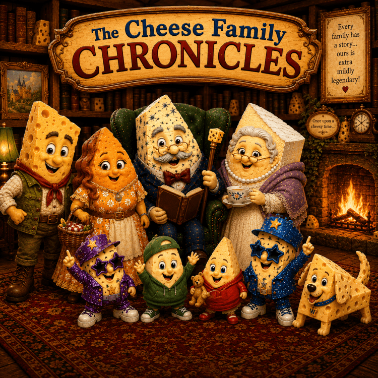 An anthropomorphic cheese family gathered in a cosy library around a fireplace.