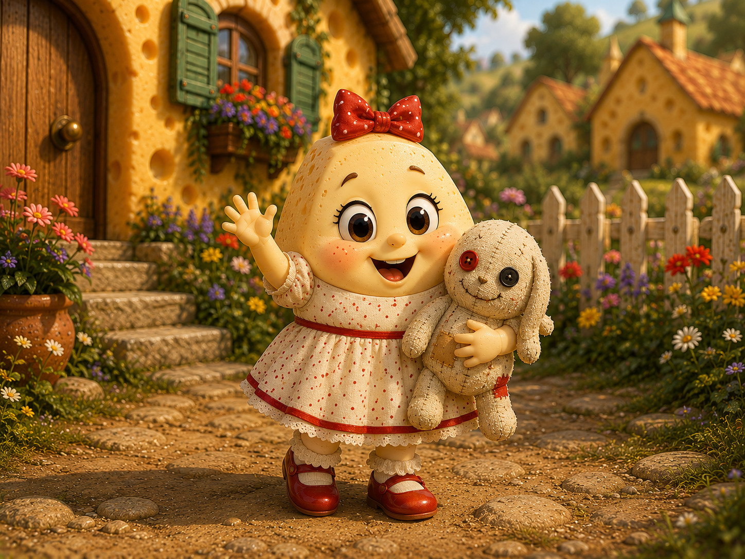 Babybel outside the family cottage holding Mister Squidge