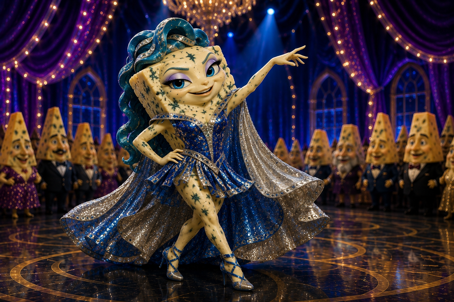 Crumbella performing in her electric-blue and silver dance costume