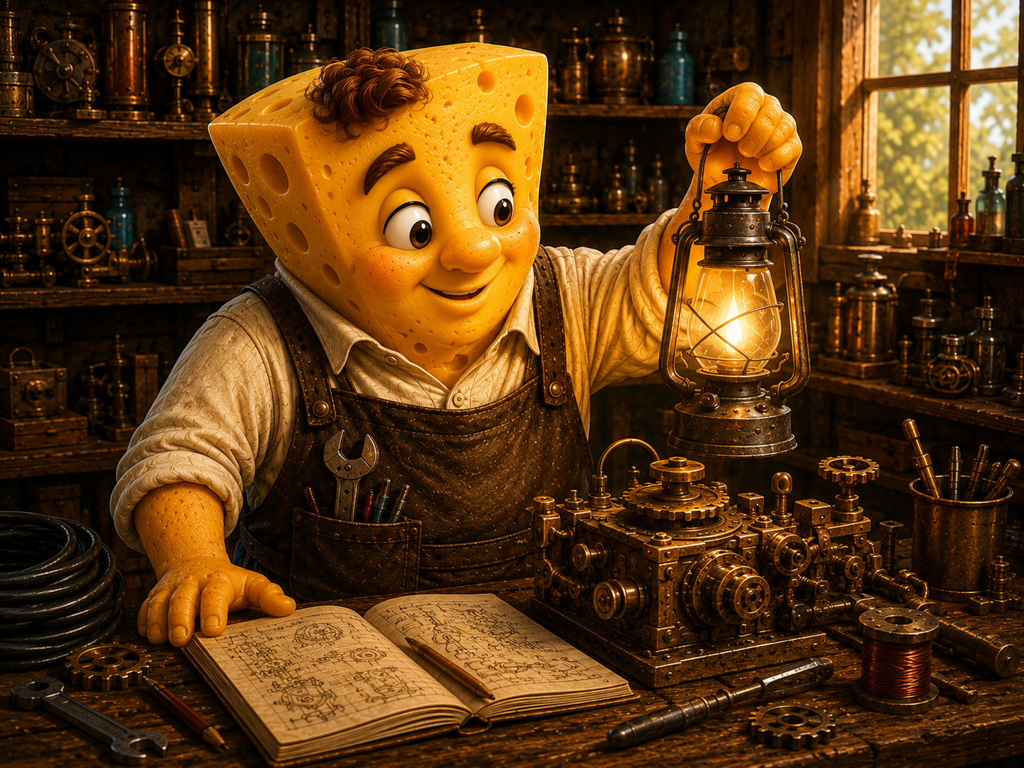 Eddie Emmental working in his inventor's workshop