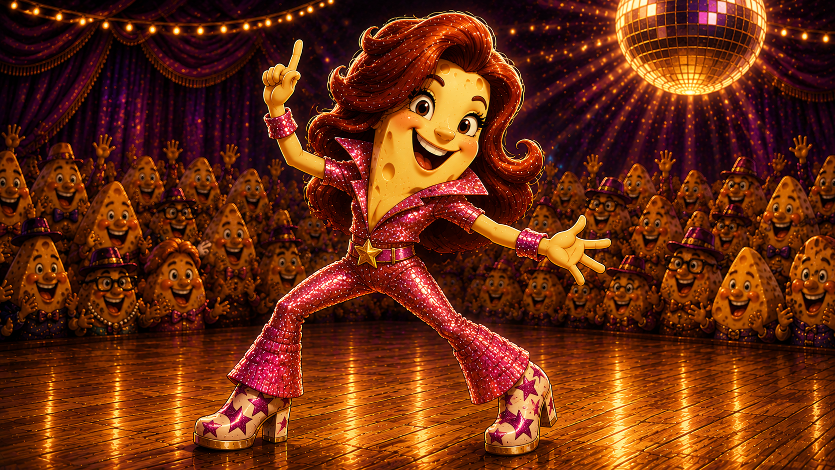 Halloumi Belle dancing in her sparkling pink disco outfit