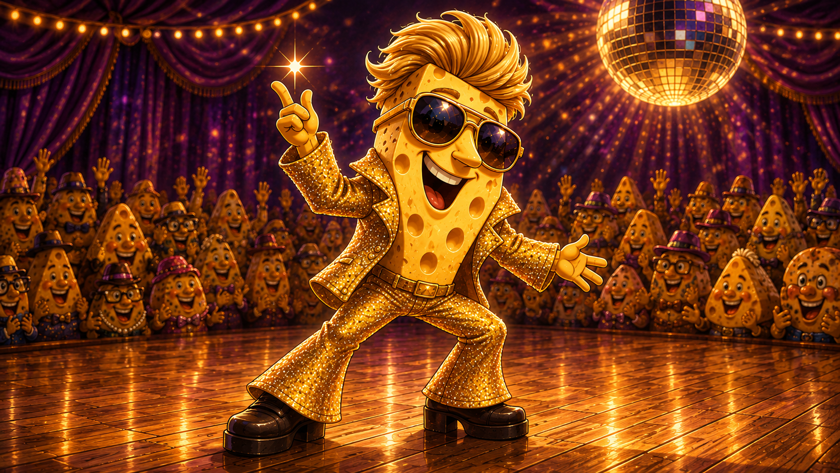 Monterey Jack Flash dancing in his gold disco outfit