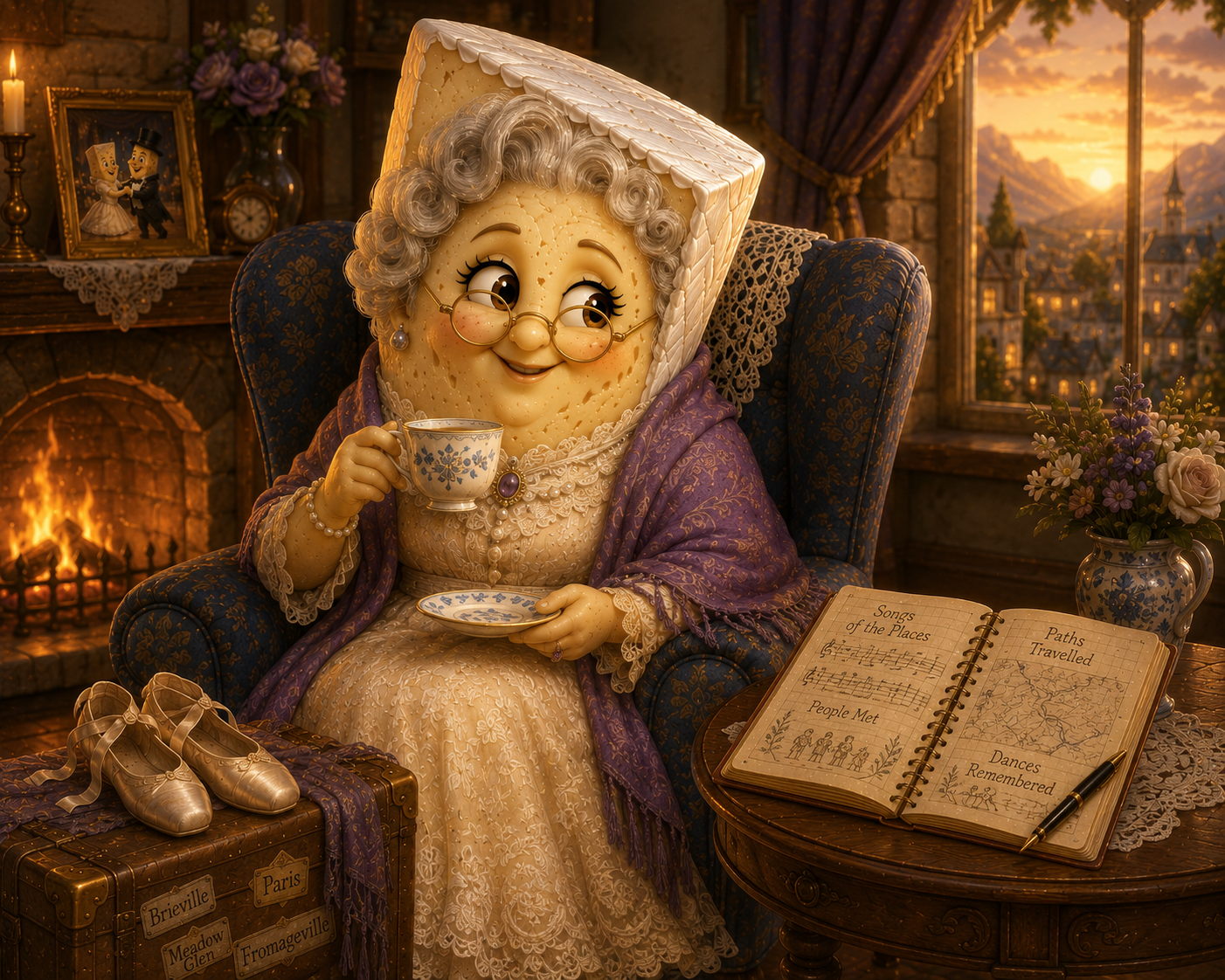 Lady Brie relaxing by the fire with a cup of tea