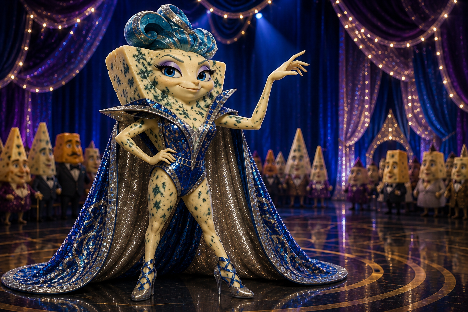 Velora performing in her electric-blue and silver dance costume